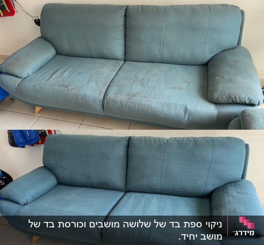 ספה כחולה לפני ואחרי ניקוי עם כתמים ונקייה